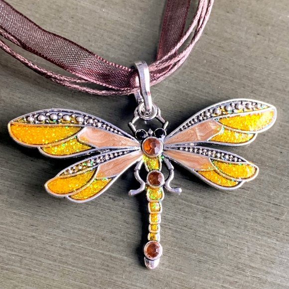 Spring Multicolor Dragonfly Rhinestone Pendant Organza Cord Adjustable Necklace - Picture 14 of 15